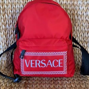 NWT Versace Red Nylon Black Leather Backpack